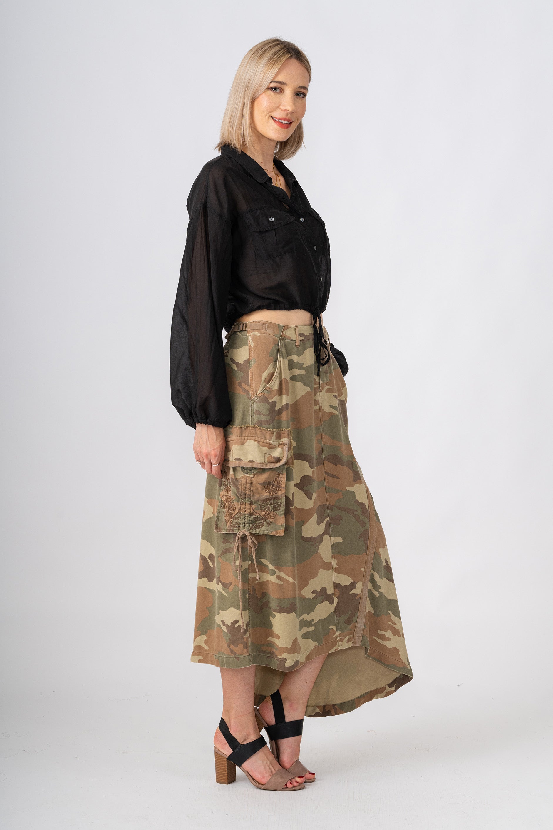 100% Silk asymmetric cargo skirt with embroidery in Moss camo