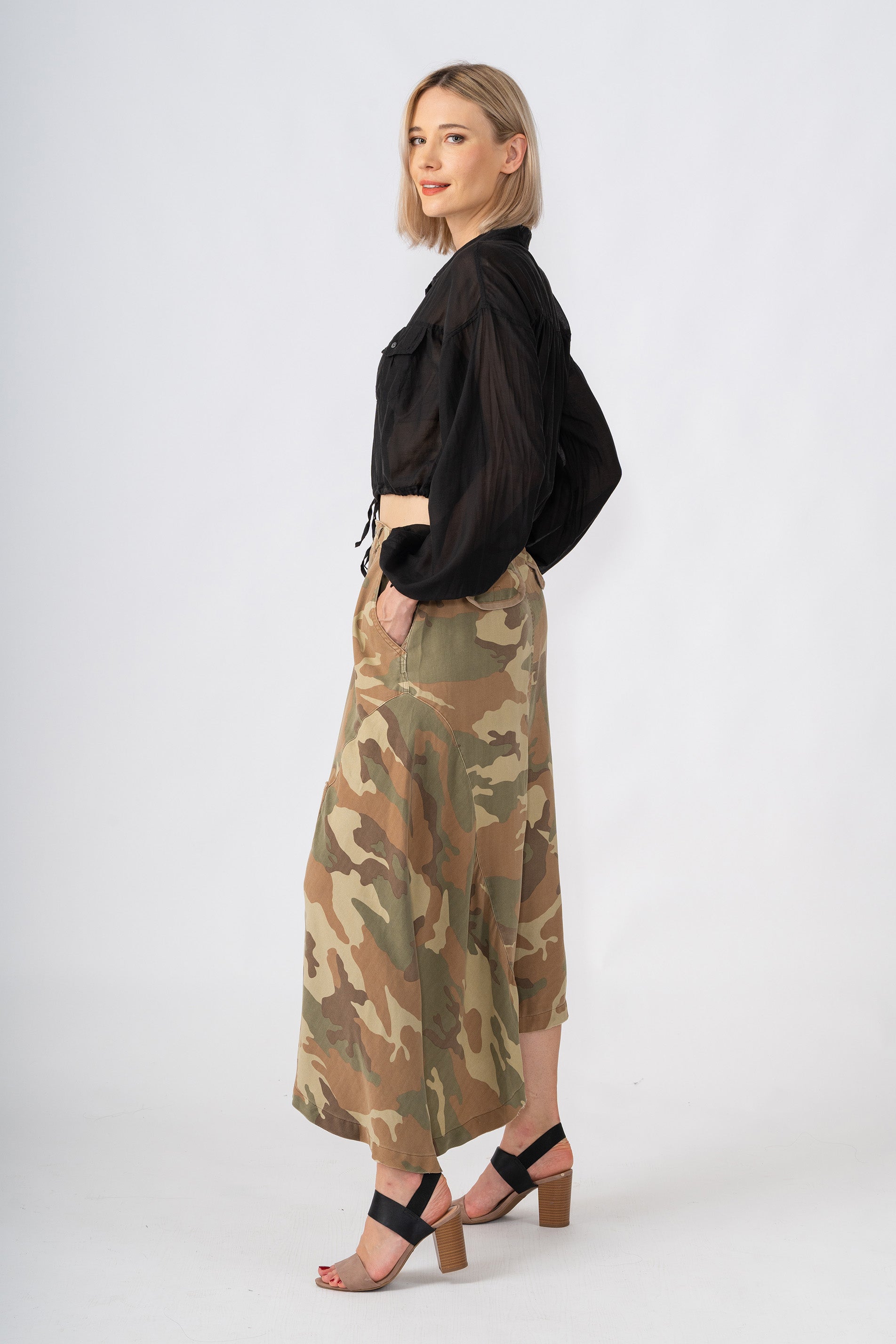 100% Silk asymmetric cargo skirt with embroidery in Moss camo