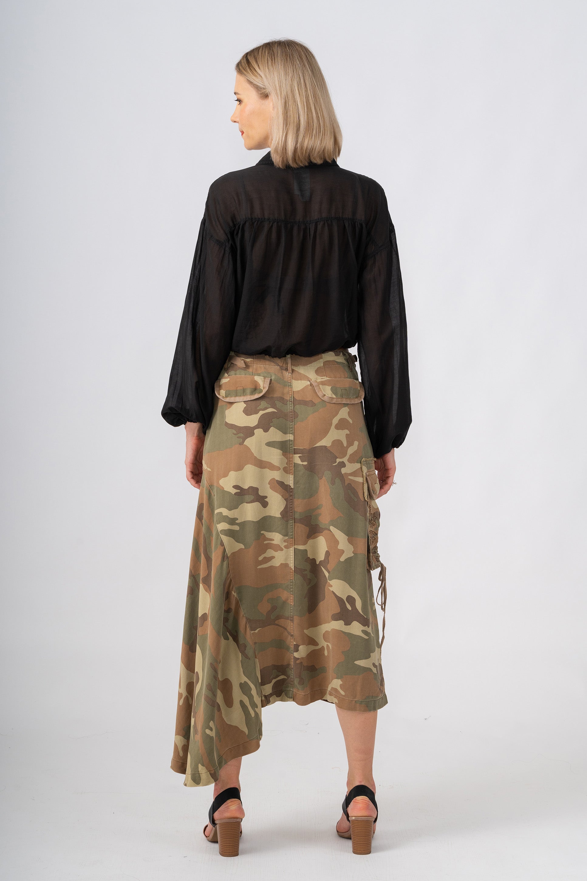 100% Silk asymmetric cargo skirt with embroidery in Moss camo