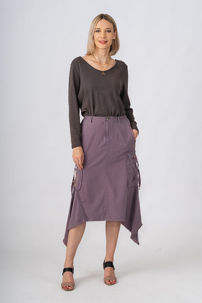 Silk Sharkbite skirt with embroidery in Violet