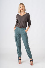 Silk cargo pants with embroidery in Gray Blue