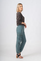 Silk cargo pants with embroidery in Gray Blue