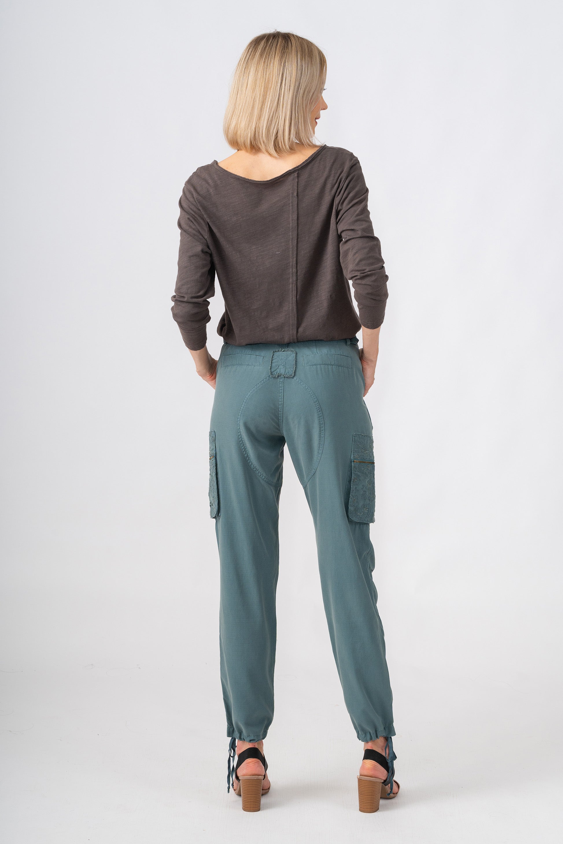 Silk cargo pants with embroidery in Gray Blue