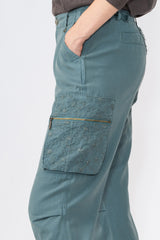 Silk cargo pants with embroidery in Gray Blue