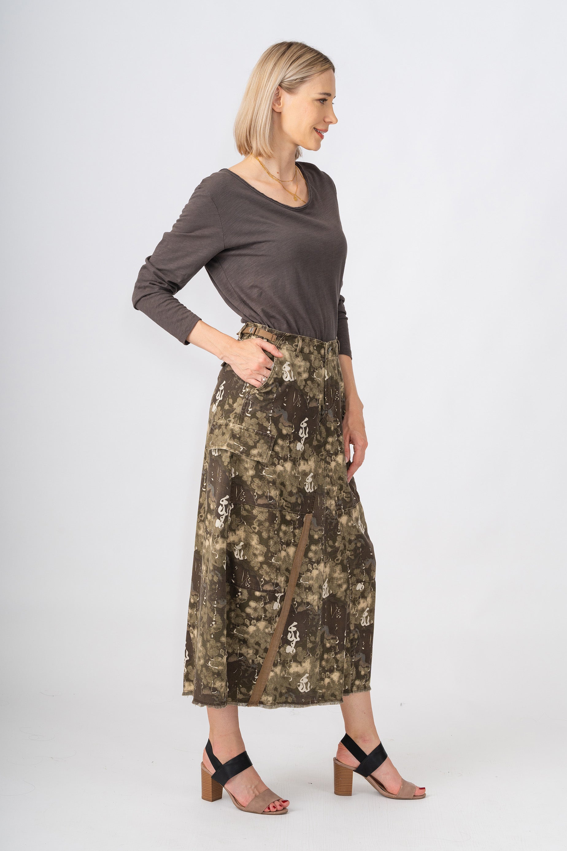 100% Silk long skirt in Brush Print