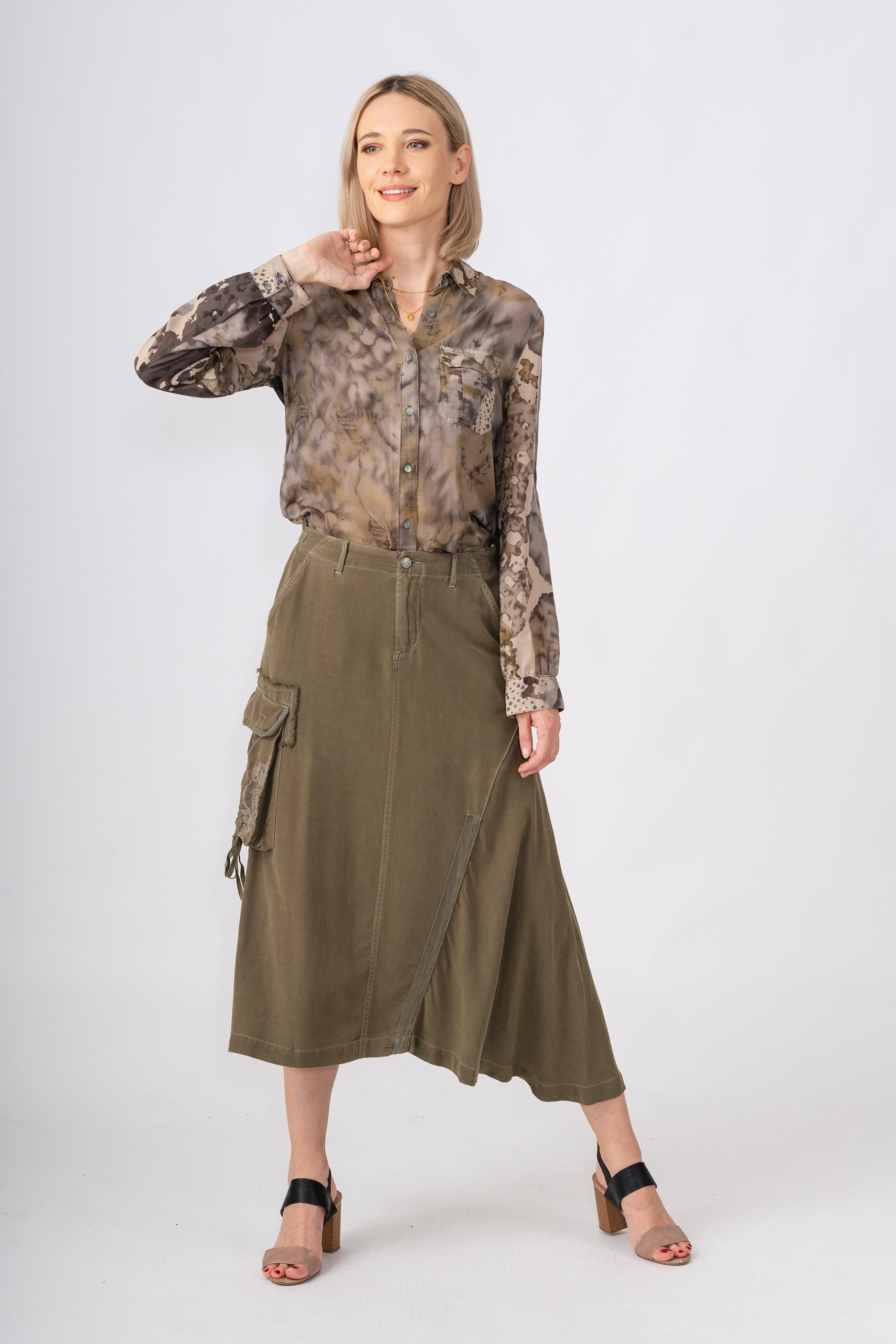 100% Silk asymmetric cargo skirt with embroidery in Olive