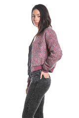 100% Silk bomber quilted jacket in Purple Ditsy