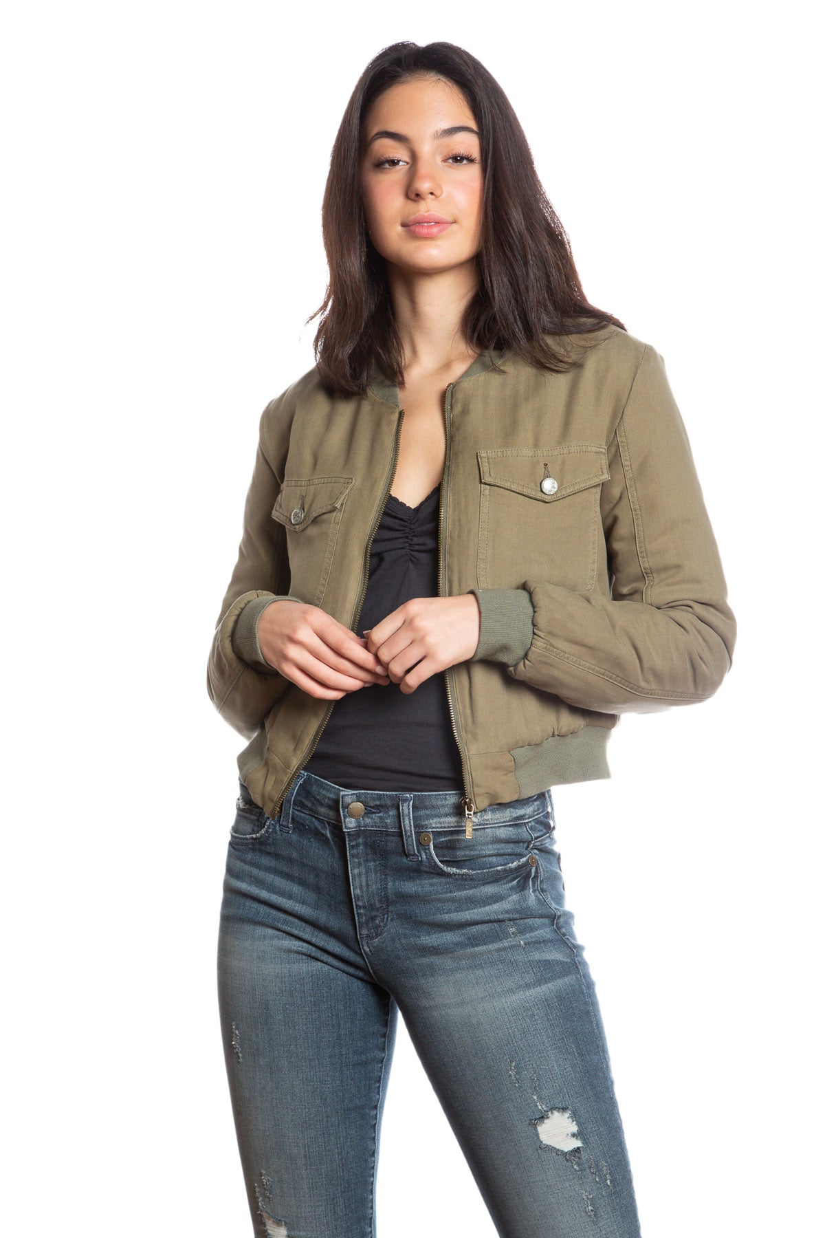 100% Silk bomber quilted jacket in Olive