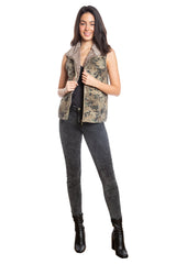 100% Silk high collar sherpa sleevless jacket in Leaf print