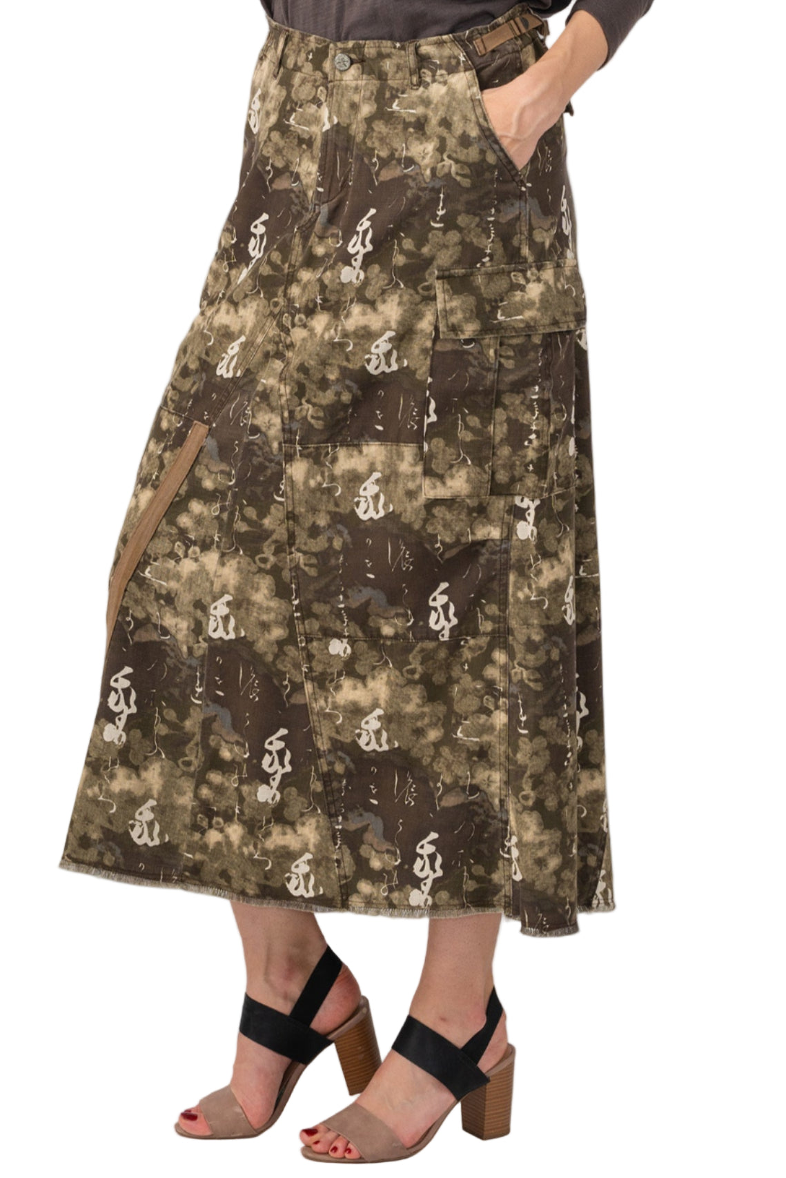 100% Silk long skirt in Brush Print