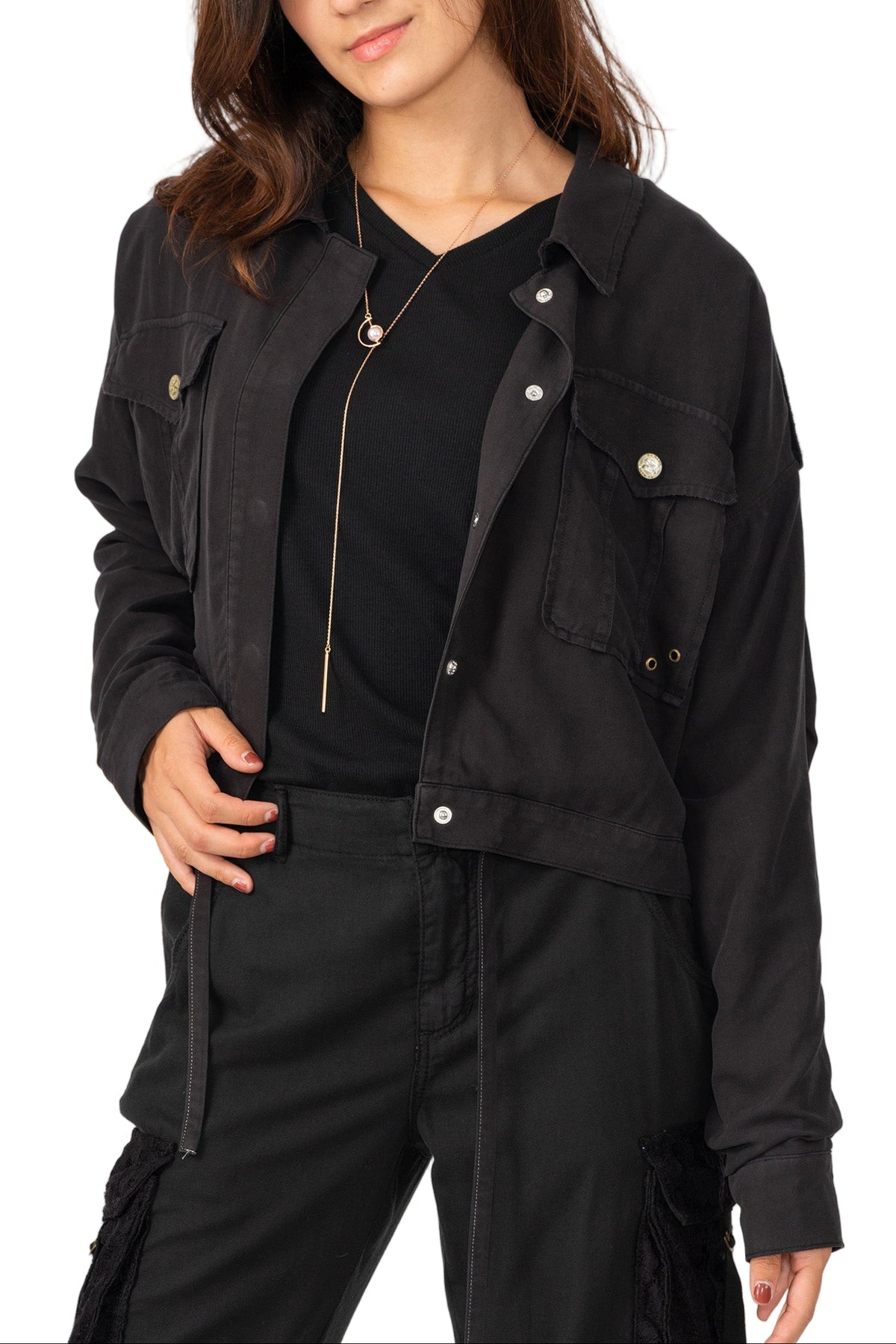 100% Silk crop lined jacket with embrodiery in Caviar