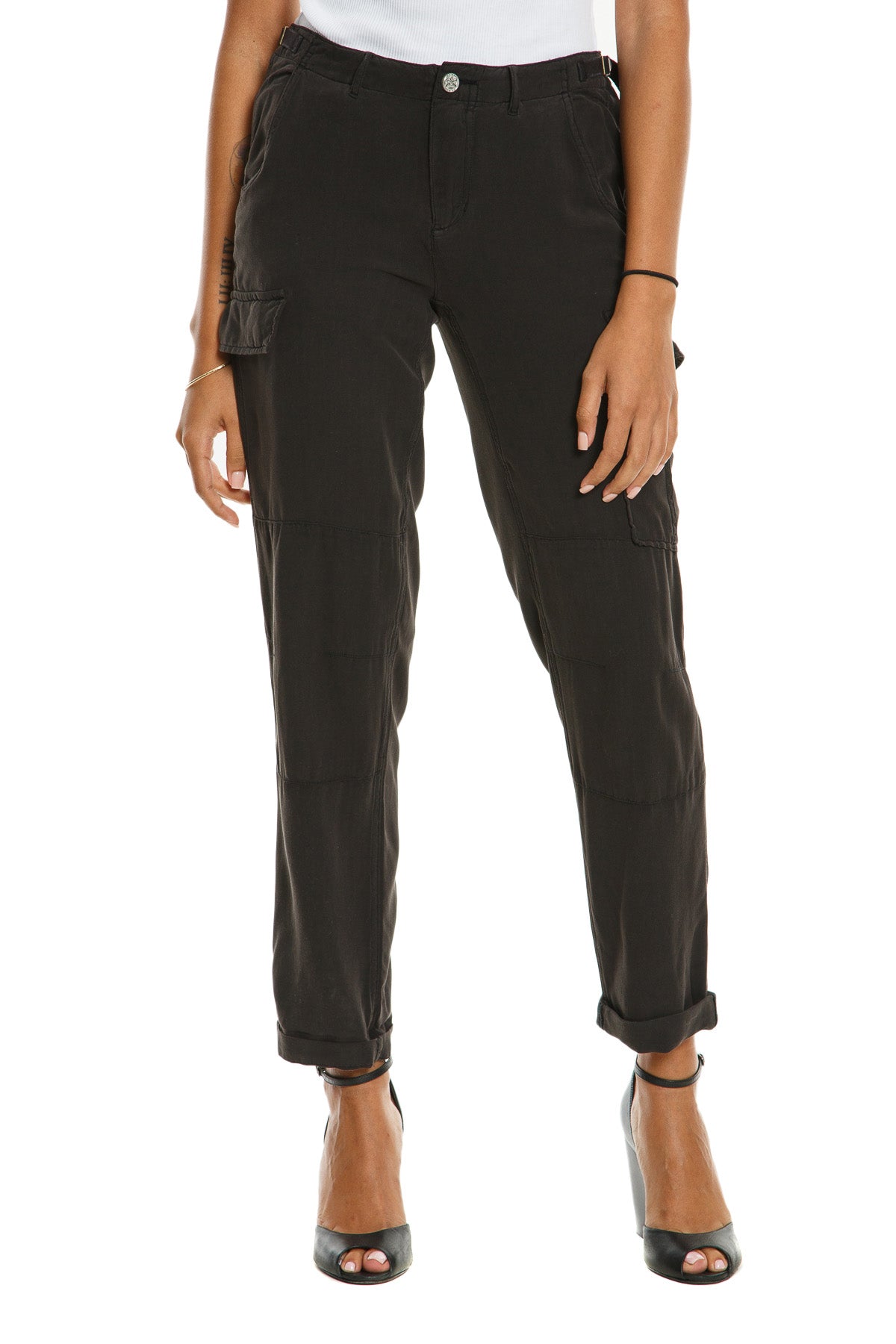 100% Silk rolled cargo pants in Caviar