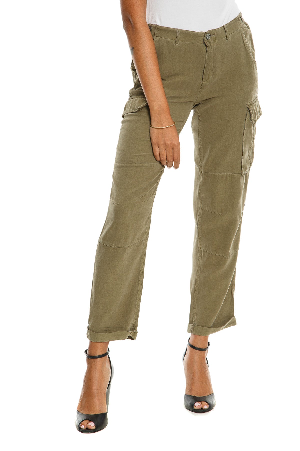 100% Silk rolled cargo pants in Olive