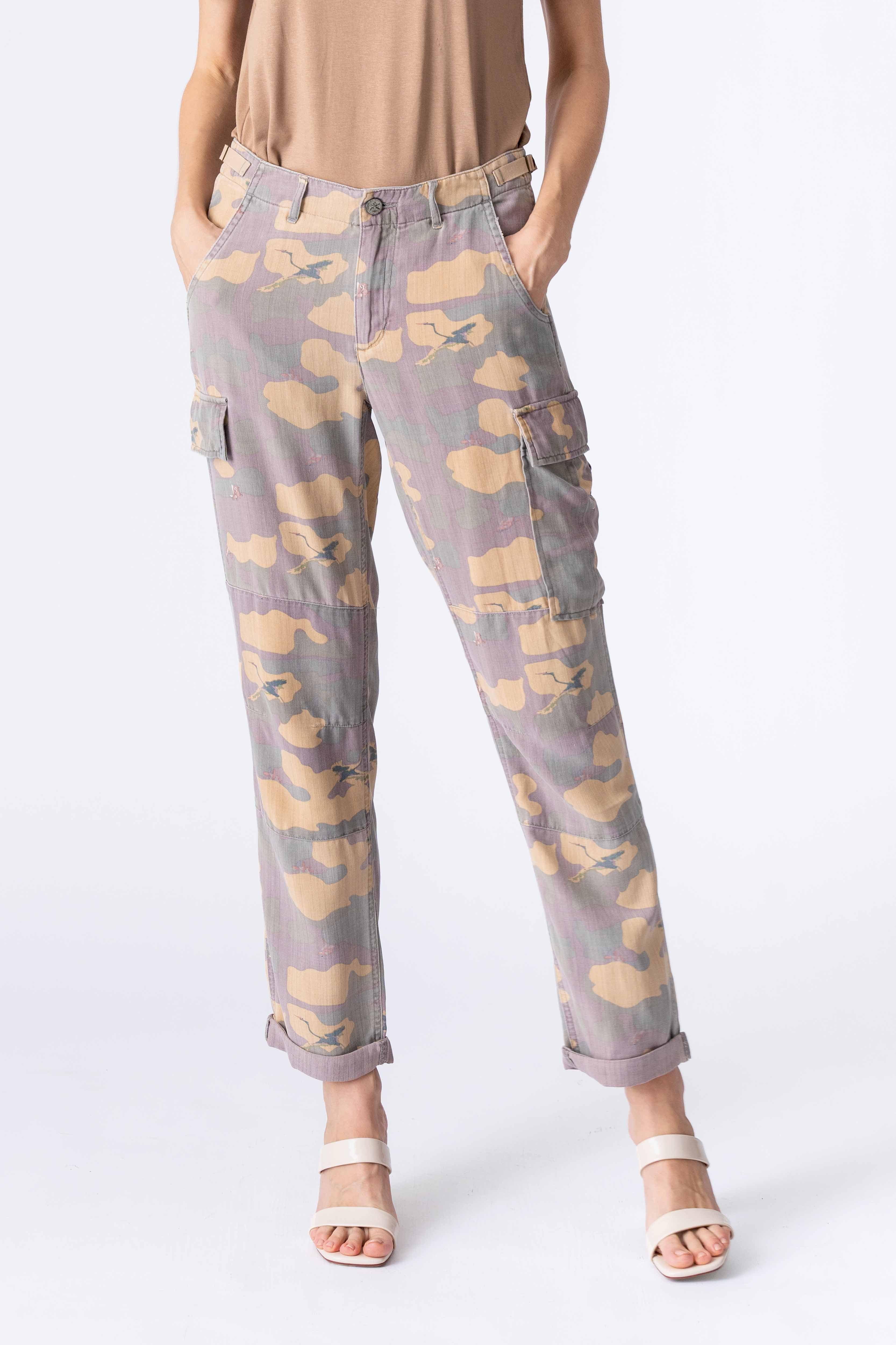 100% Silk rolled cargo pants in Purple camo