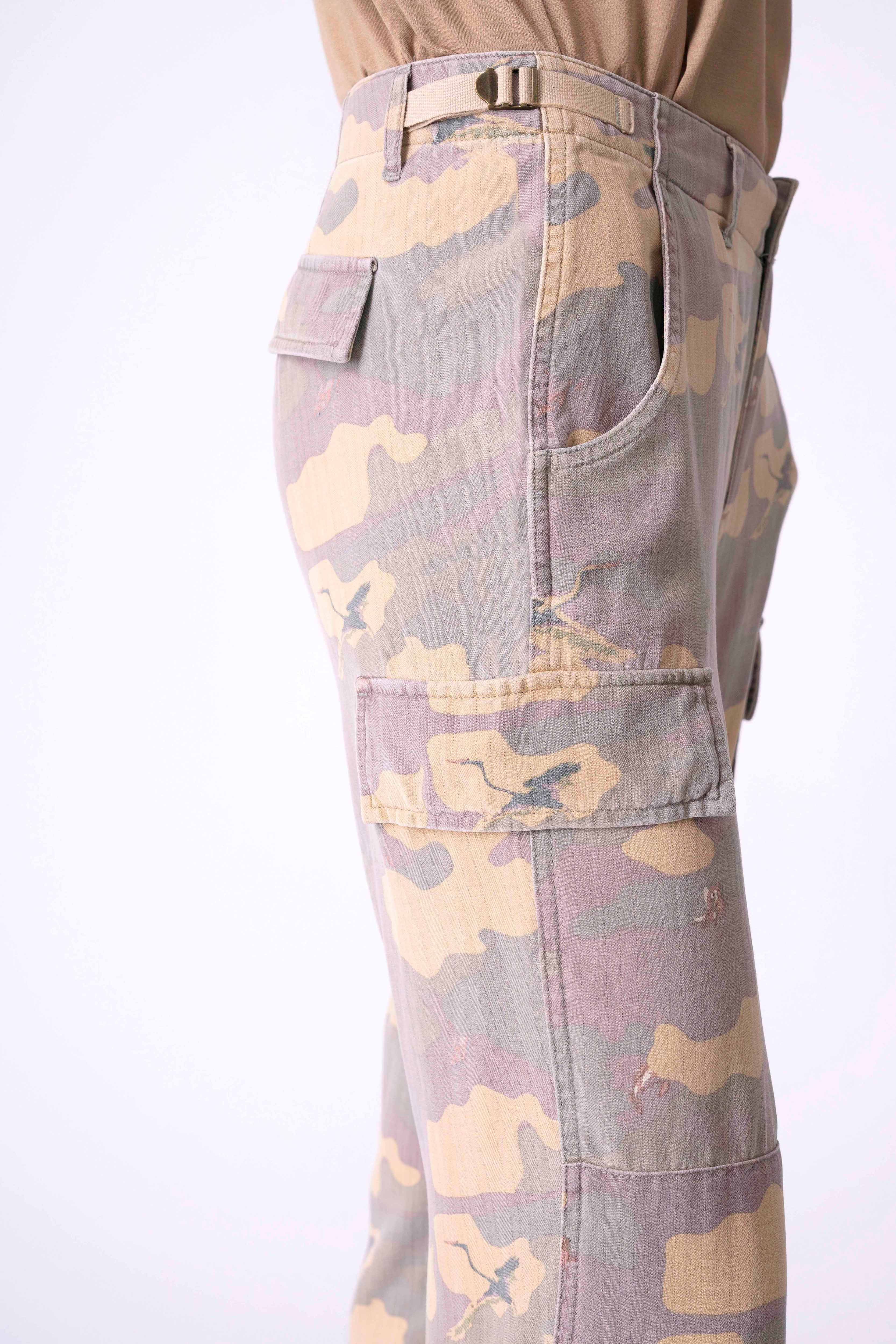 100% Silk rolled cargo pants in Purple camo