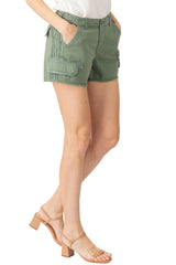 Shorts with raw stripes at side seams in Myrtle Green