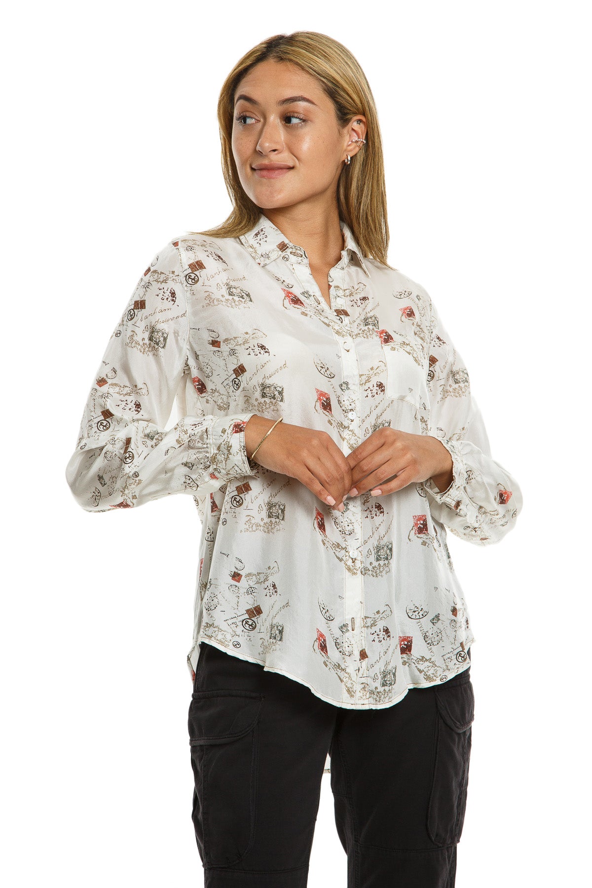 100% Silk long sleeve blouses in Natural
