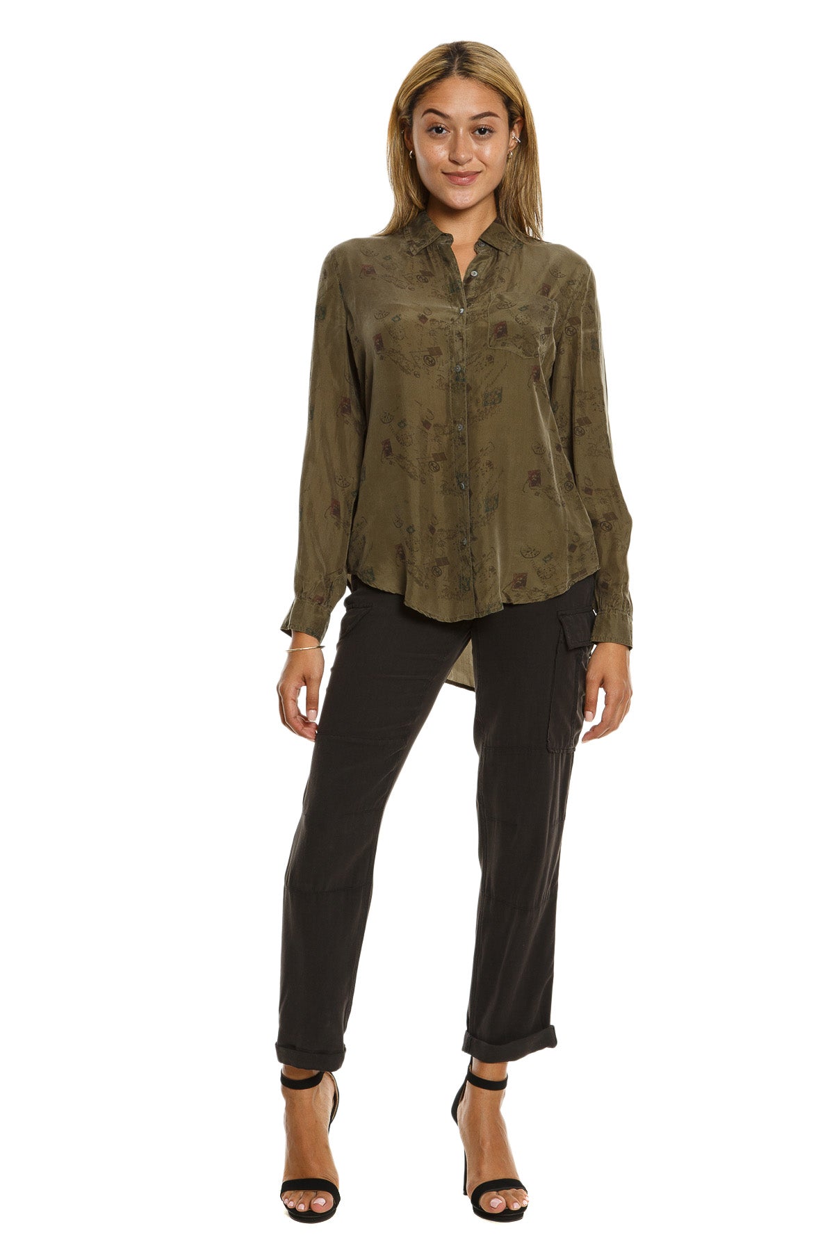 100% Silk long sleeves blouse in Olive