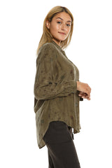 100% Silk long sleeves blouse in Olive