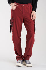 Silk relaxed cargo with embroidery in Burgundy