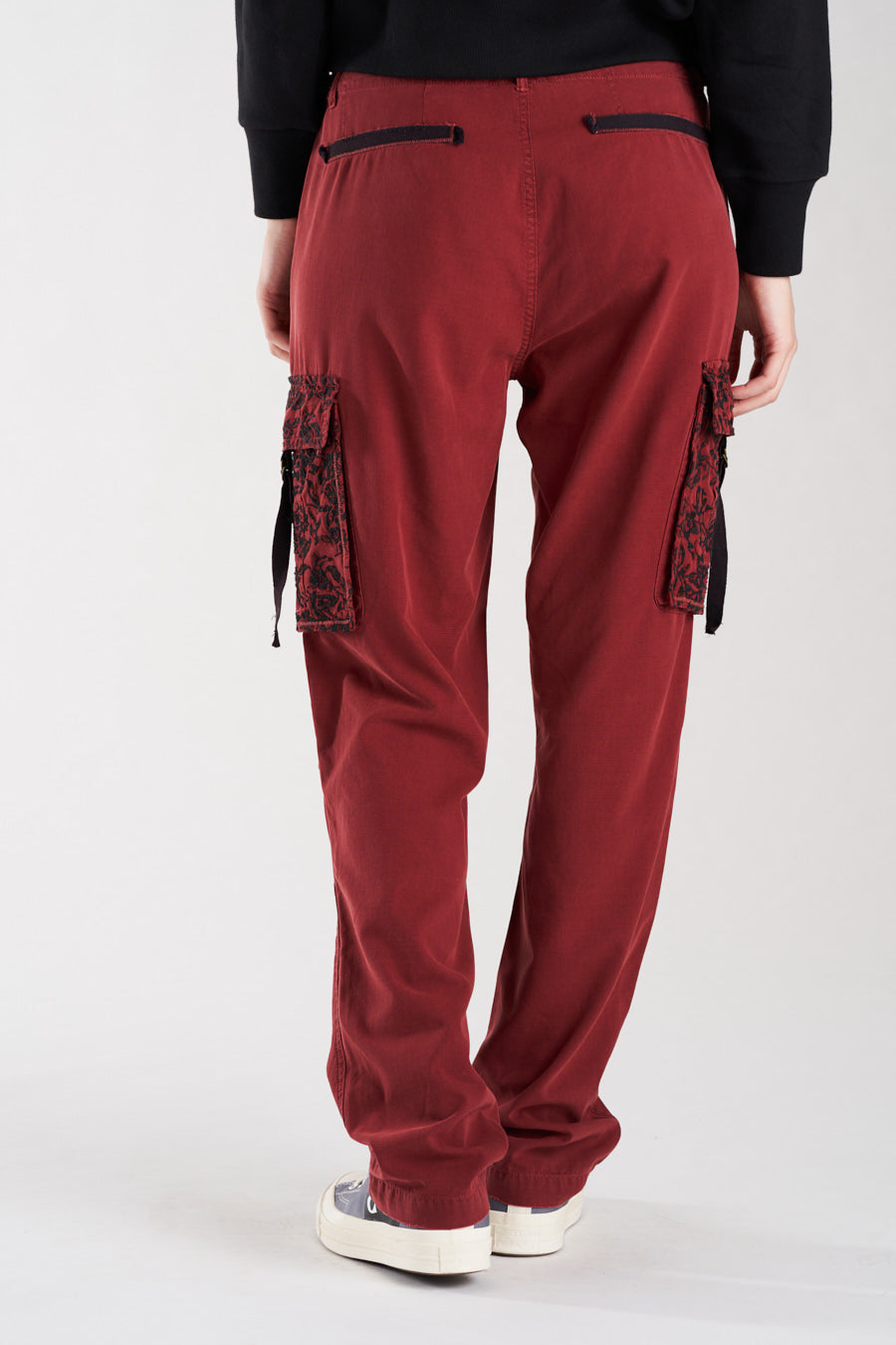 Silk relaxed cargo with embroidery in Burgundy