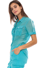 BUTTON UP UTILITY SHORT SLEEVE SHIRT - TURQUOISE - Da-Nang