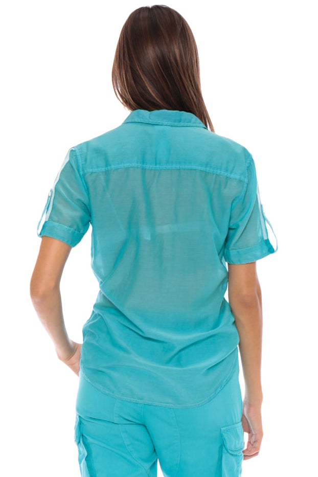 BUTTON UP UTILITY SHORT SLEEVE SHIRT - TURQUOISE - Da-Nang