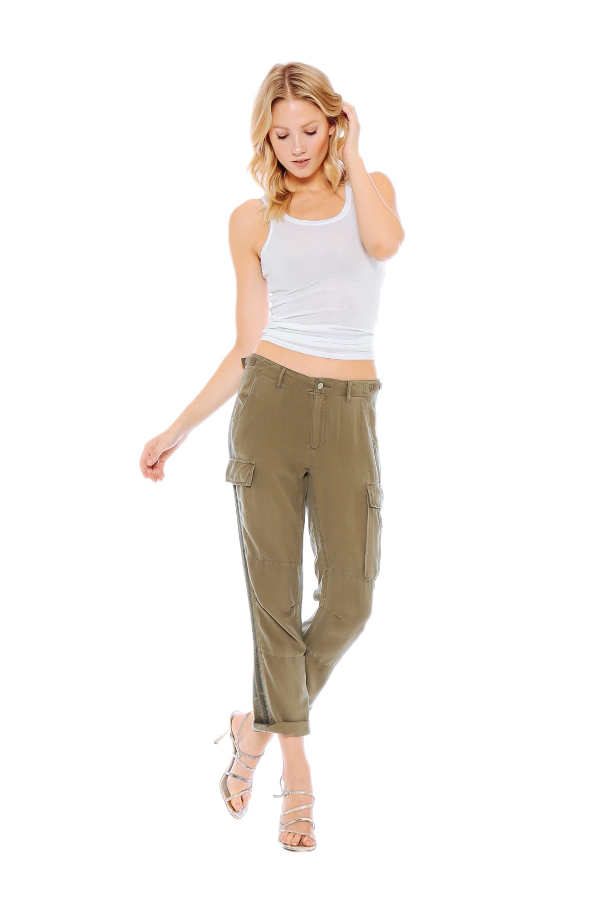 100% Silk rolled cargo pants with side tapes in Olive