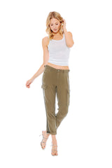 100% Silk rolled cargo pants with side tapes in Olive