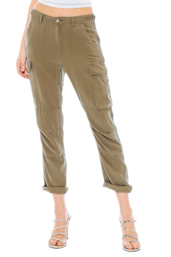 100% Silk rolled cargo pants with side tapes in Olive