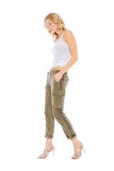100% Silk rolled cargo pants with side tapes in Olive