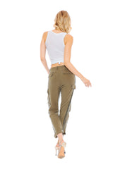 100% Silk rolled cargo pants with side tapes in Olive