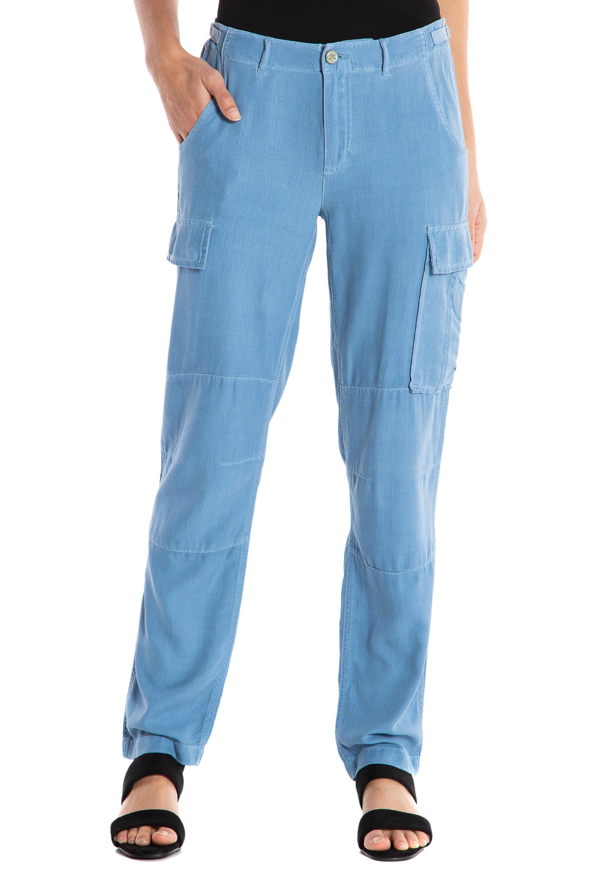 100% Silk cargo pants with side tapes in Blue Dusk