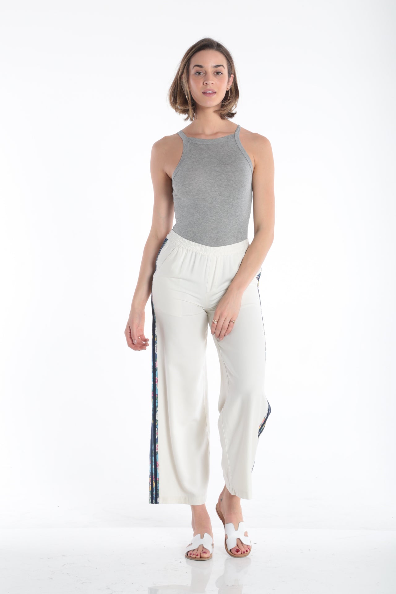 100% Silk pants with side stripes in White