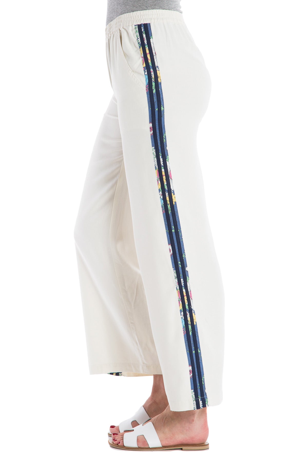 100% Silk pants with side stripes in White