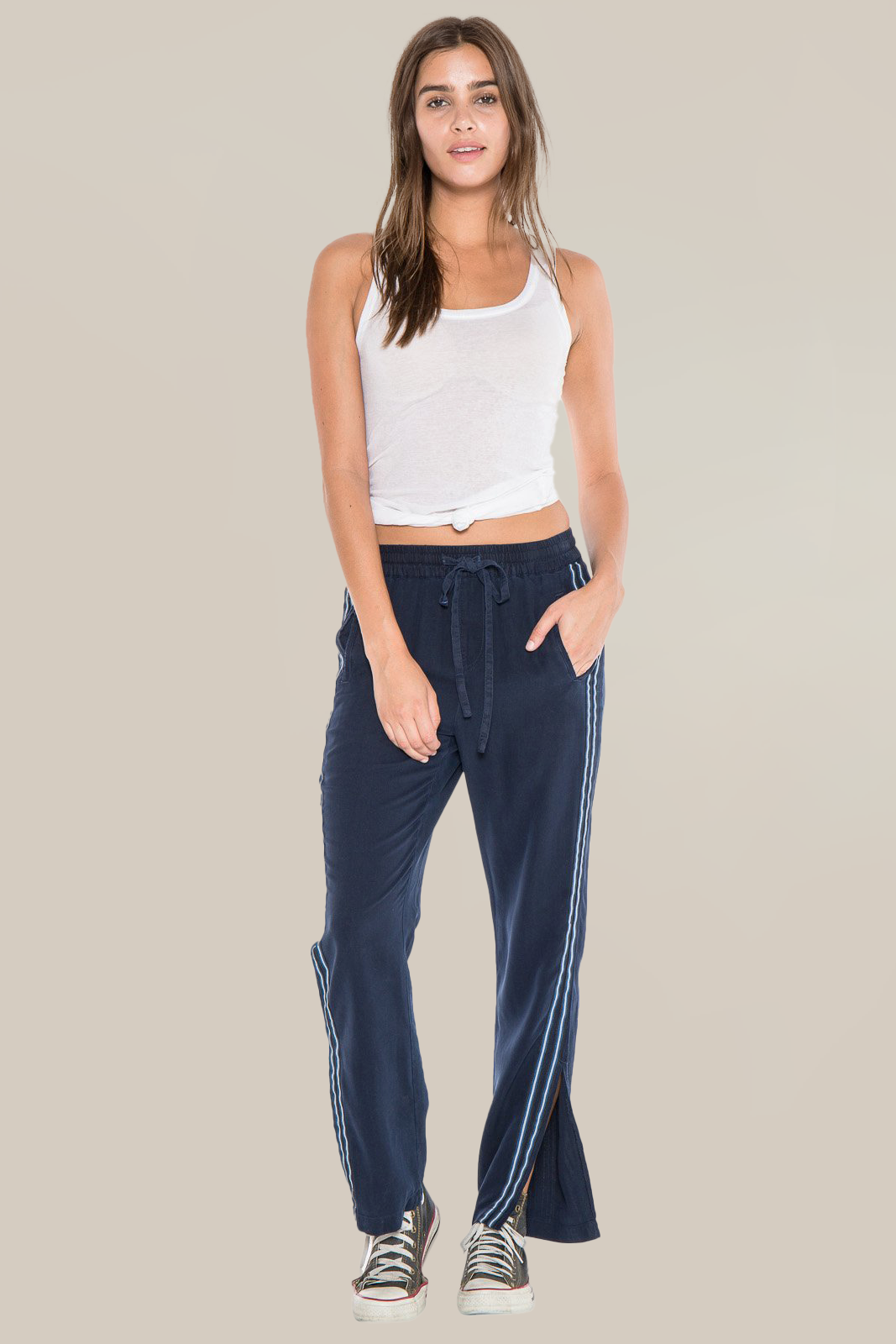 100% Silk relaxed pants with side tapes in Navy