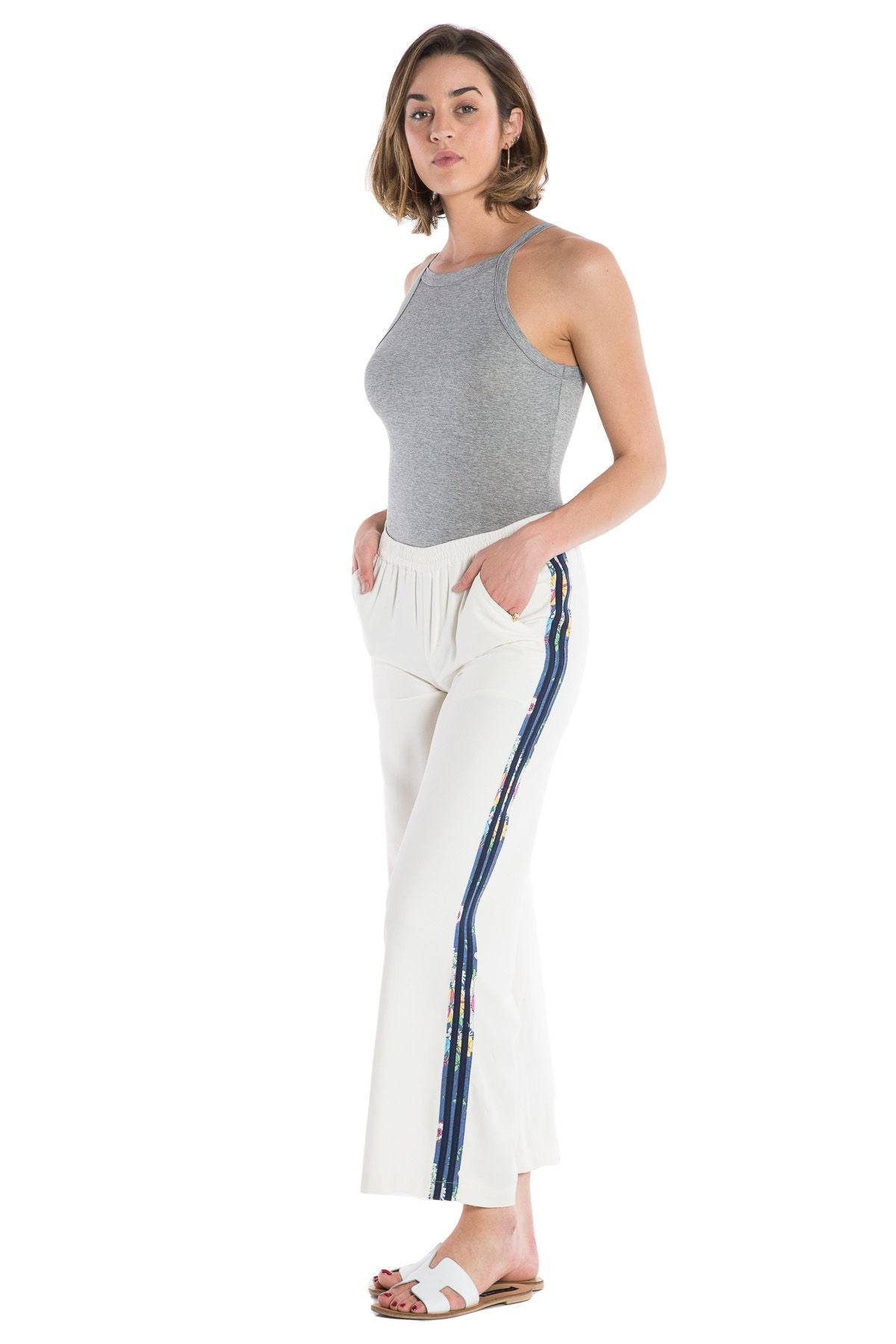 100% Silk pants with side stripes in White